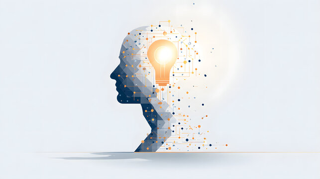 Concept of innovation, idea, and creativity. A lightbulb inside a human head silhouette.