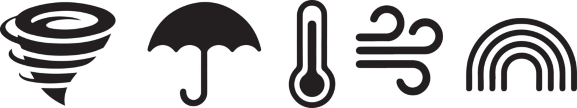 Weather icon set with tornado umbrella thermometer wind and rainbow symbols for meteorological reporting and forecasting apps.