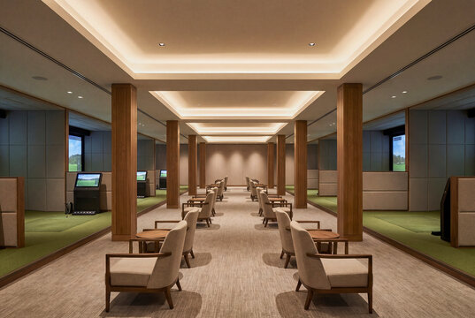 Minimal restaurant and lounge interior with refined seating and warm architectural lighting