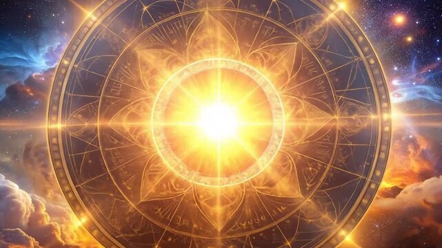 A glowing celestial circle with bright light and cosmic background design