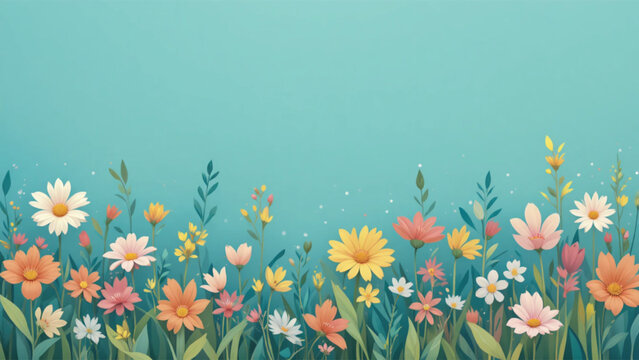 Colorful floral border with vibrant flowers on green grass and blue background.