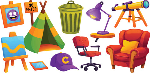 Set of various household furniture and items including a cozy armchair office chair desk lamp easel teepee trash bin and kids. © Kamrun82