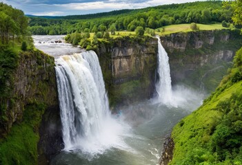 Obraz premium Majestic waterfall surrounded by lush green forest and emerald green basin