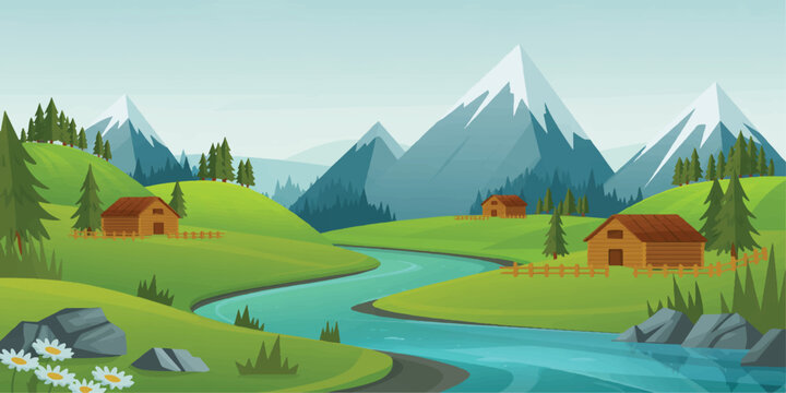 Peaceful mountain valley landscape with wooden cabins flowing river and green rolling hills under clear blue sky outdoor scenery.
