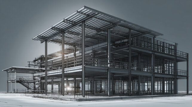 Architectural 3D blueprint sketch of modern multi story steel frame building