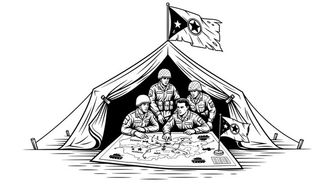 Soldiers in a tent studying a large map together