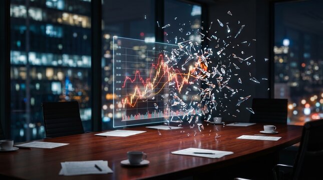 Financial market data exploding into fragments, symbolizing volatility and rapid change in a modern boardroom