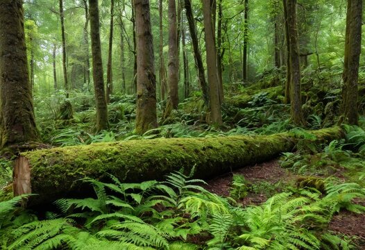 Beautiful old-growth forest with lush green ferns and moss-covered giant trees