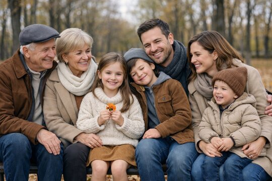 Happy family portrait outdoors on scenic autumn day."" Ai generative