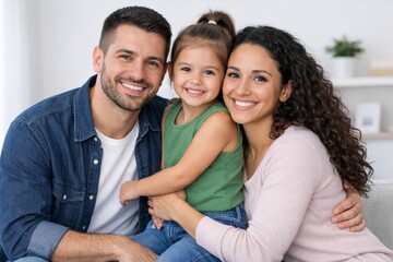 Obraz premium Happy family portrait at home in bright cozy interior. Ai generative
