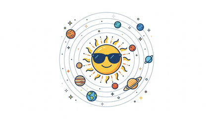 Cartoon Sun Wearing Sunglasses With Planets Orbiting. © Ramdani