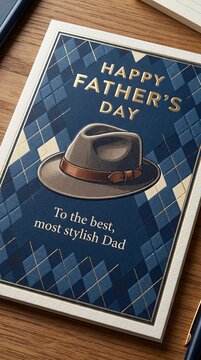 Father's Day greeting card with stylish brown fedora hat on wooden table top view