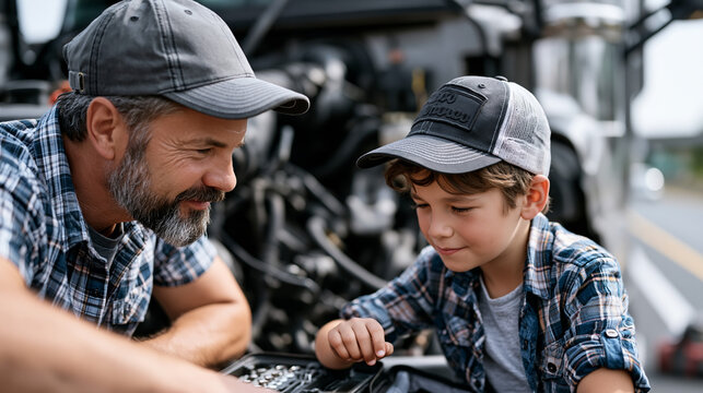 A father and son duo, both in trucker caps, inspect the engine of a parked semi-truck together on a sunny summer morning, tool bag open on the ground, highway visible behind them, perfect for truck 