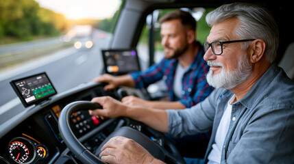 Naklejka premium A veteran long-haul truck driver and his co-driver review a digital route planning app mounted in the cab, interstate highway stretching ahead, summer solstice afternoon sun blazing through the wind