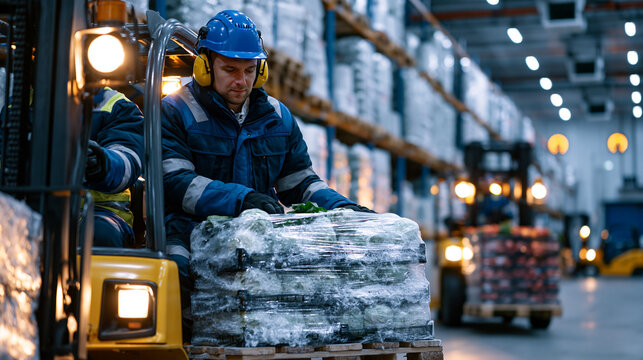 A vast refrigerated warehouse interior with uniformed workers in thermal jackets moving pallets of fresh produce on forklifts, condensation visible in freezing air, temperature gauges glowing on wal