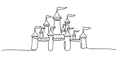 Whimsical line drawing of a fantasy castle with turrets and flags, no editable stroke, Elegant one line illustration of a dreamlike fantasy castle with multiple towers and flowing flags perfect for on © Gerish