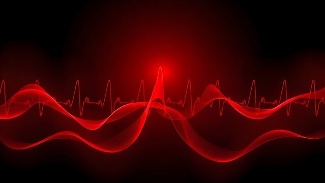 An artistic visualization of a heartbeat rhythm, depicted as flowing red waves in a dark, atmospheric setting.