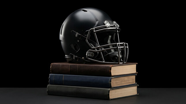 Powerful American football helmet atop old books, representing the intersection of sport and education