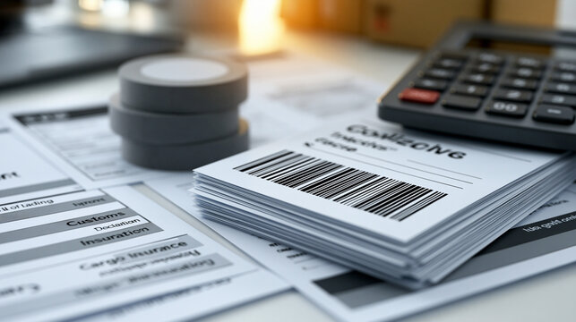 An infographic-style flat lay on sterile white background showing international shipping documentation: bill of lading, customs declaration forms, cargo insurance papers, and a tracking barcode, arr