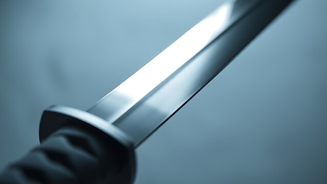 Polished katana sword reflecting light in minimalist metallic composition.