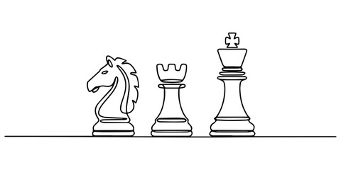 chess pieces knight, rook, king continuous one line drawing, Chess Day celebrates. Single line drawing illustration of Game of strategy and intellect. horizontal row with clean geometric profiles pro. © Gerish