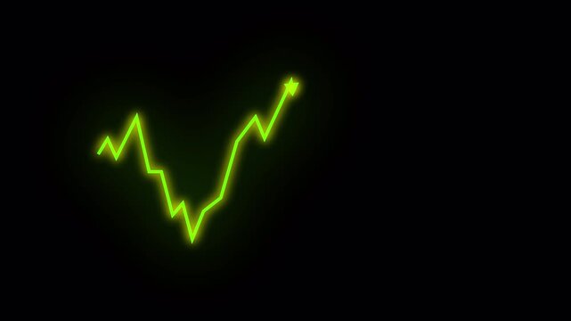 Animated neon financial market wave chart with glowing green upward trend line isolated on black background, 4k video