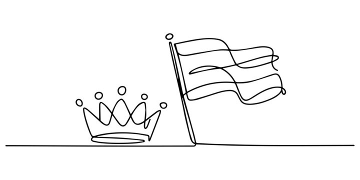 Continuous Line Drawing of a Waving Flag and a Royal Crown, Symbolizing Victory and Royalty, Simple line drawing of a flag waving on a pole, featuring a crown emblem in the center, symbolizing royalty