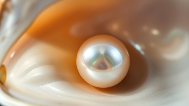 Pearl forming inside an oyster shell, iridescent surface in natural light.