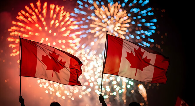 Canada day celebration vibrant fireworks display with waving canadian flags patriotic holiday scene