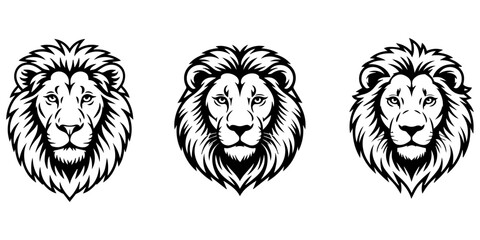 Diverse collection of powerful lion head silhouette designs with various majestic mane styles, Lion head profile line art and silhouette set, symbolizing strength and leadership in a striking graphic. © Gerish