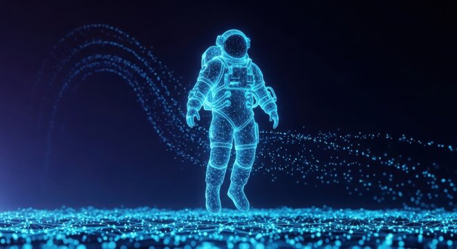 Glowing blue digital astronaut standing on a dark planet illustration