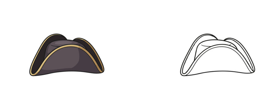Pirate tricorn hat cartoon illustration in flat color and black line styles representing traditional felt headwear for historical captain and sailor costume