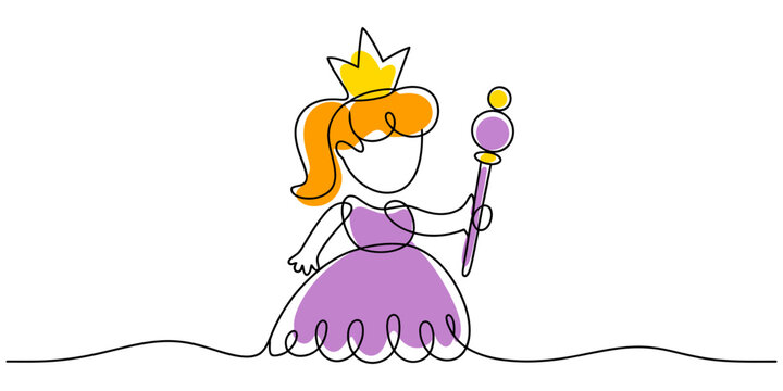 Continuous one line drawing of queen wearing crown and holding scepter, minimalist royal figure illustration, Beautiful fairy queen with wings and a crown, holding a magic wand, is drawn in a continuo