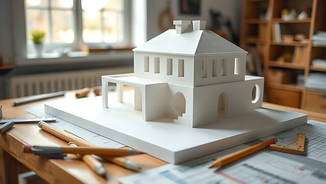 A white plaster architectural model on a worktable with scattered sketches and tools in soft natural light.