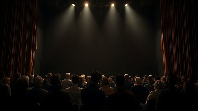 Theater backstage with actors waiting silently in dim light, side curtains swaying.