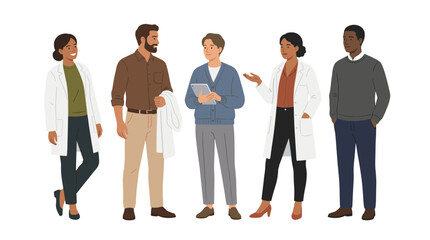 Fototapeta premium In a professional office setting, various medical characters engage in a meeting including doctors and consultants standing together as a team