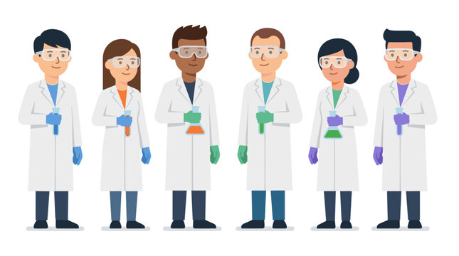 In a laboratory setting, various scientists and researchers are at work including chemists and lab technicians standing together as a team