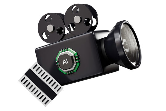 3d ai video camera icon. filmmaking concept. minimal cartoon film camera ai chip and film strip for video creation. isolated on white transparent background. 3d render.