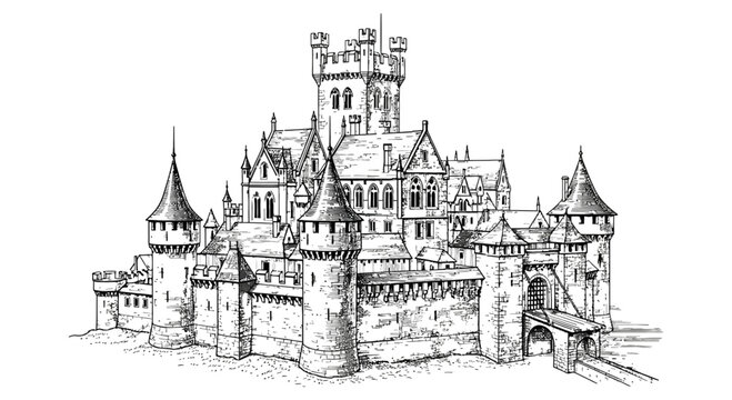 Majestic medieval castle with towers and battlements illustration