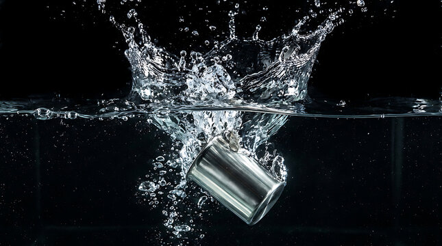 Dynamic splash as a metallic object plunges into clear water creating vibrant bubbles and ripples