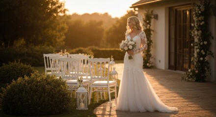 Obraz premium Bride in elegant gown, awaiting ceremony outdoors at sunset