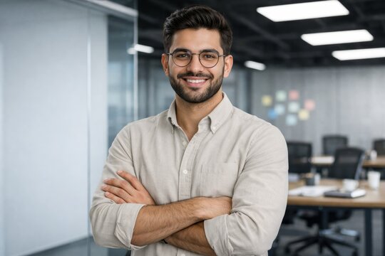 Confident man posing in modern office interior space."" Ai generative