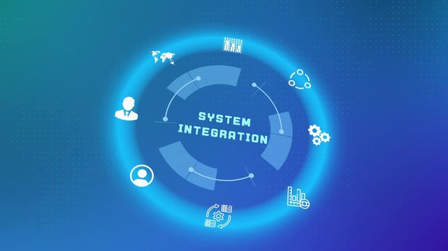 Technical system integration process display showing unified software data pipelines and connected business applications.