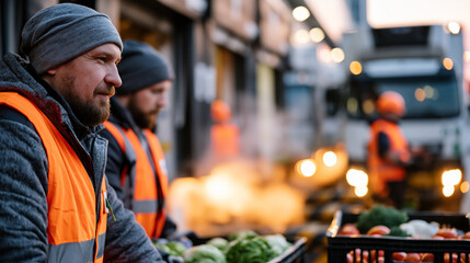 Fototapeta premium Rows of refrigerated delivery trucks backed up to a busy food distribution center dock at sunrise, workers in orange vests unloading crates of vegetables, steam rising from loading bay doors, perfec