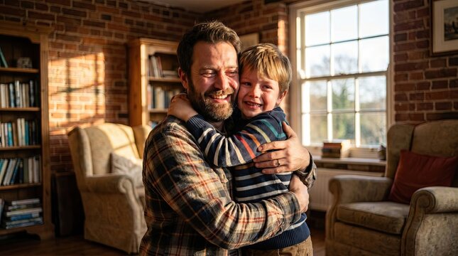 Father and daughter hugging together in cozy living room on Father's Day