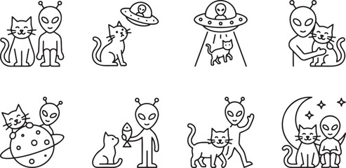 Funny space cats meeting aliens and flying in UFOs © HM