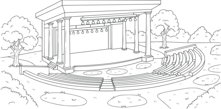 A black and white line of an outdoor amphitheater with a stage, classical columns, and curved seating rows surrounded by trees and park landscaping for a coloring book page