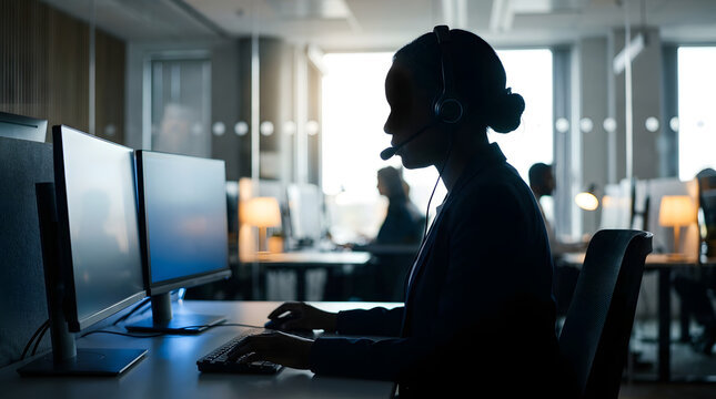 Customer support agent working late night shift in dark office.