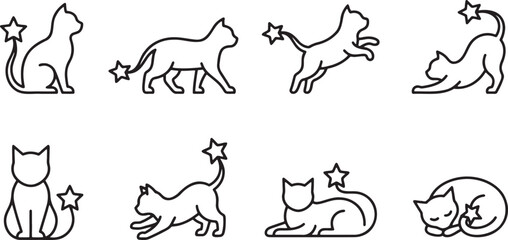Celestial magic cats with stars and moon symbols line icons © HM