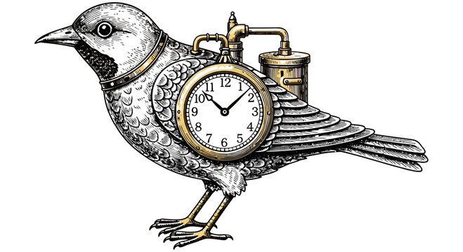 Steampunk bird with a clock on its body illustration design